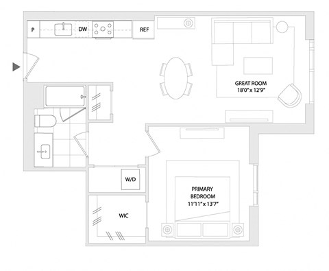 Floor plan for 1 bed, 1 bath, 748 sqft
